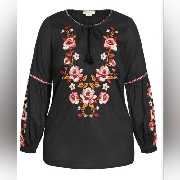 Size M-L Bohemian blouse Scoop neck embroidered 100% Cotton Long sleeves Black - Picture 2 of 10